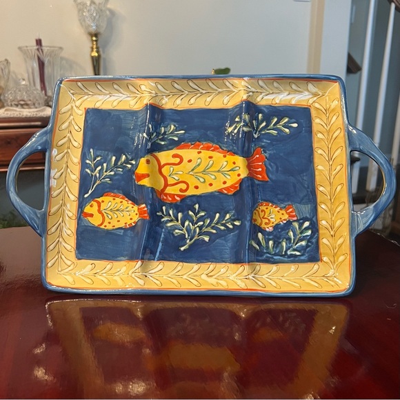 Maxcera Mediterranean Divided Serving Platter Tray Hand Painted Fish Nautical - Picture 2 of 7